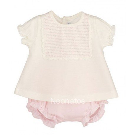 Bonito conjunto para bebé verano en tonos rosa y marfil con pololo.