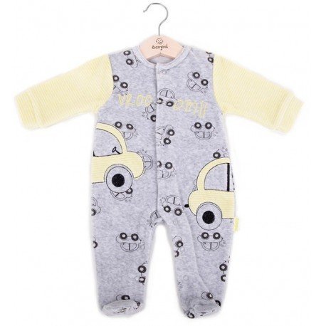 Pelele pijama para bebé invierno de terciopelo con dibujos de coches.
