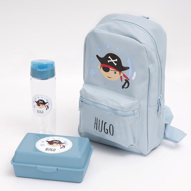 Pack infantil mochila, botella porta alimentos personalizados Pirata.