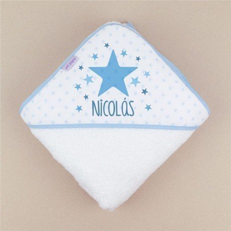 Capa de baño para bebé con dibujo de estrella y nombre del bebé.